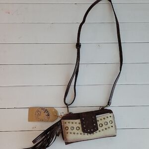 Elegant Brown and Cream Crossbody Bag with Studs